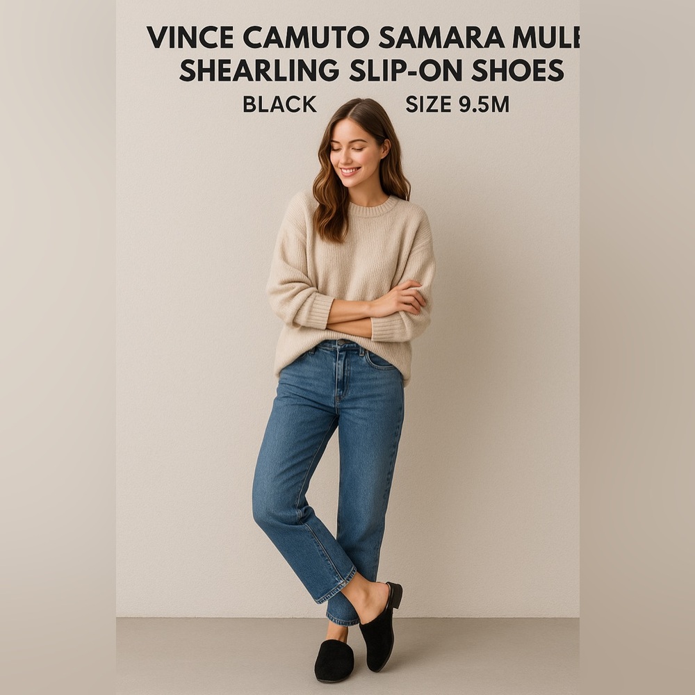 NIB Vince Camuto Samara Black Shearling Faux Fur Pointed Mule Slides Flats 9.5 - Picture 16 of 16